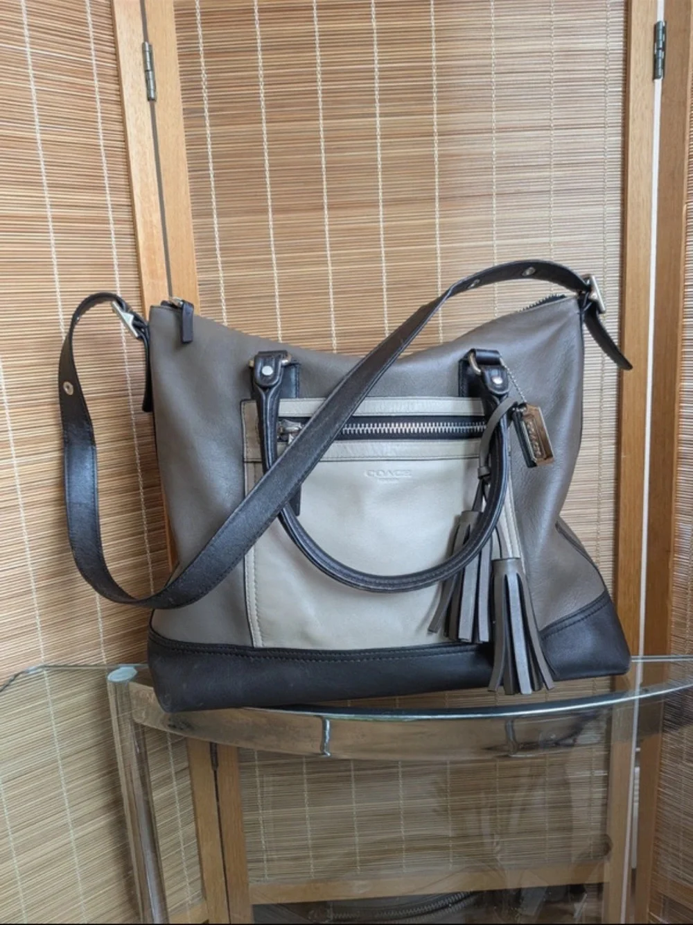 Coach Legacy Rory Two-Tone Leather Shoulder Bag in Gray and Tan
